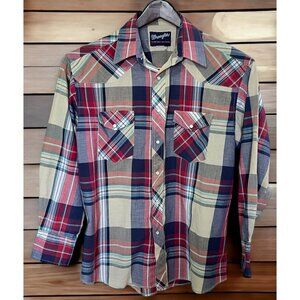 Wrangler Plaid Shirt Mens Size 16.5 - 34 X Long Tails Pearl Snap Long Sleeve